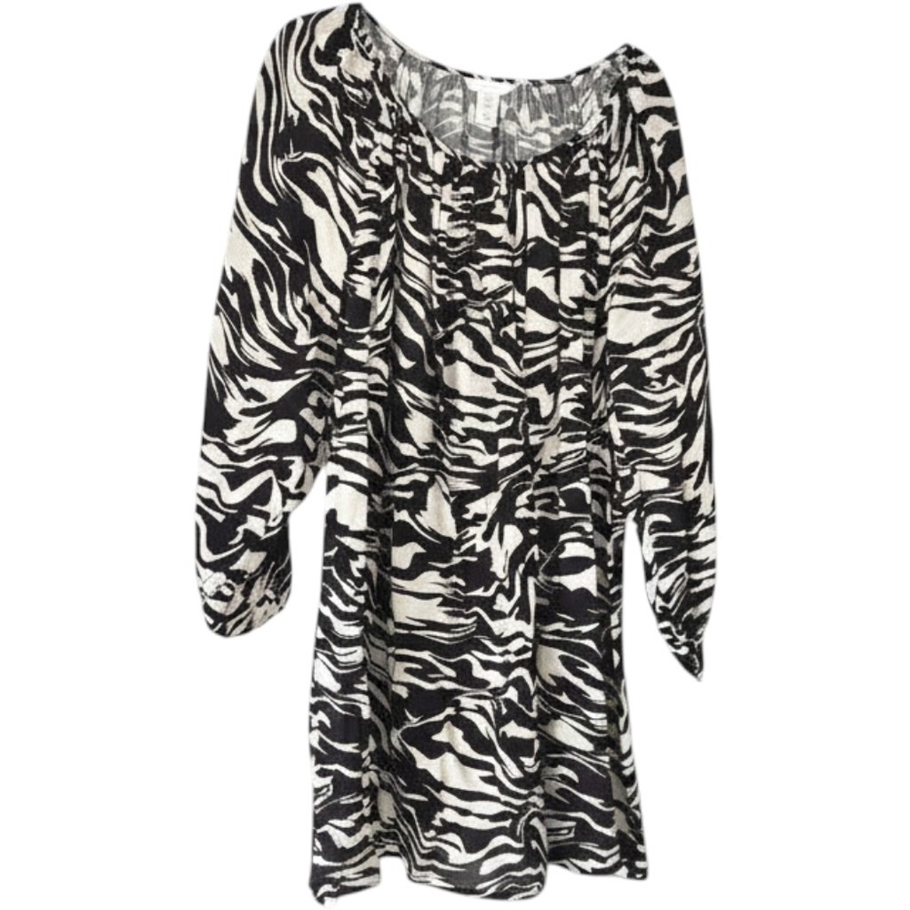 HM Zebra Print Tunic Dress‎ Black White Long Balloon Sleeve Viscose Blend Mini